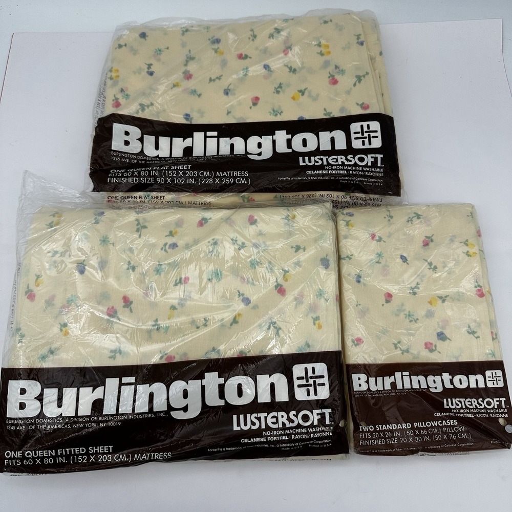 Vtg Sheets  Burlington  Flat, Fitted Sheet & pillowcases QUEEN size NOS